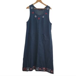 Agapo Vintage Denim Jumper Dress Sz L Embroidered Americana Cottagecore Festival